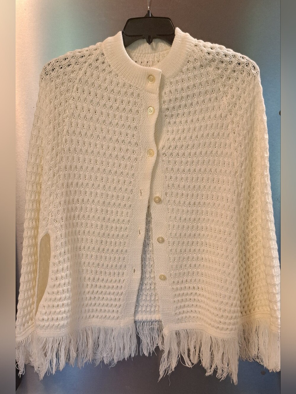 VINTAGE CROCHET PONCHO Cape Shawl Sweater Knit Hippie 70's Fringe Cream OSFM